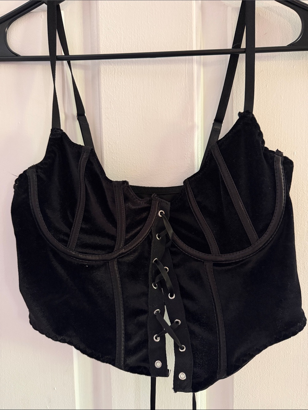 Goth Lace Up Front Contrast Piping Cami Top black velvet Cosplay